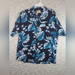 Vintage Hilo Hattie Hawaiian Camp Shirt Men's XL Blue Floral Rayon
